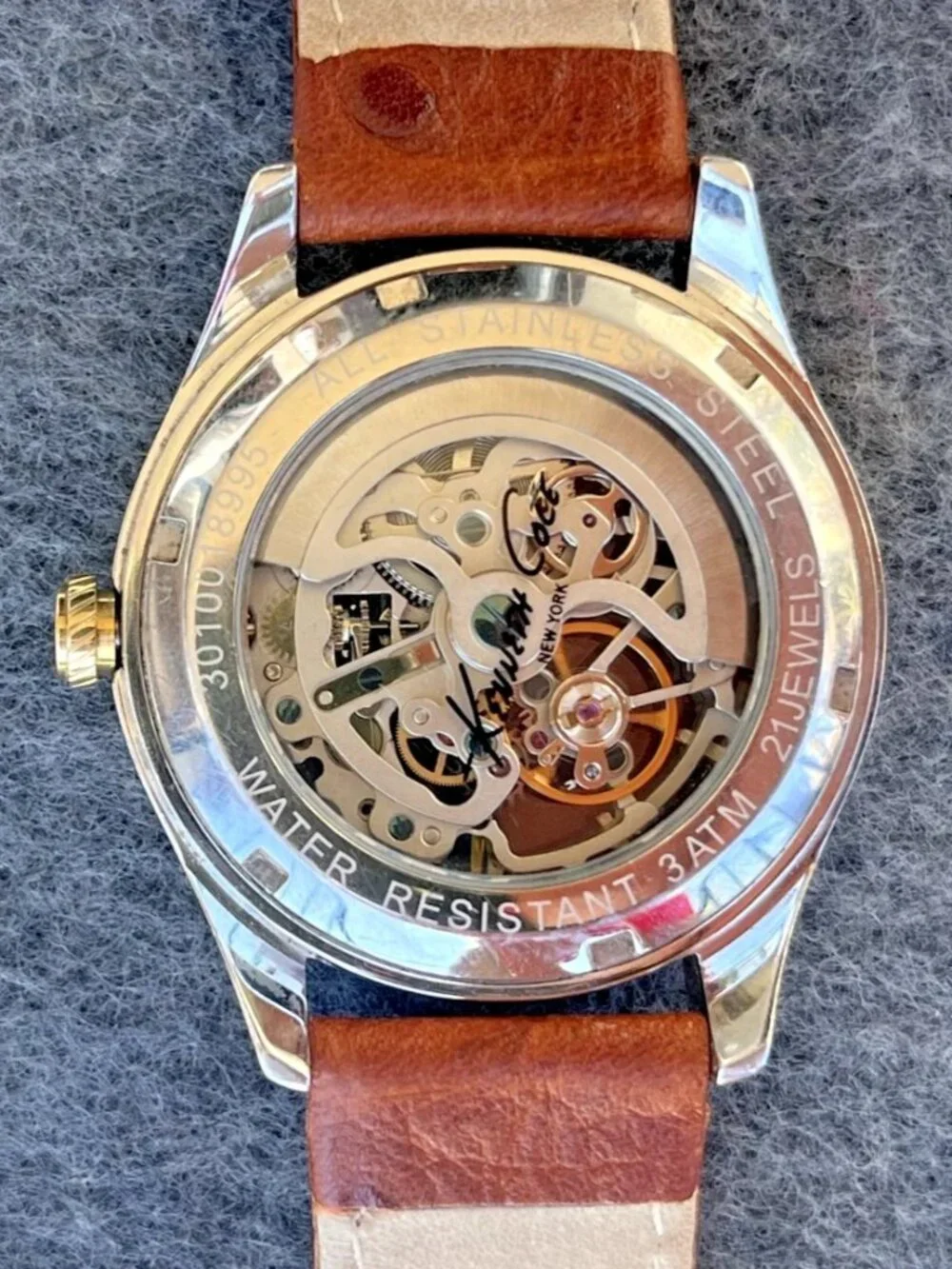 Men's Skeleton Automatic Watch, Steel/Gold Exhibition Case, Ostrich Band